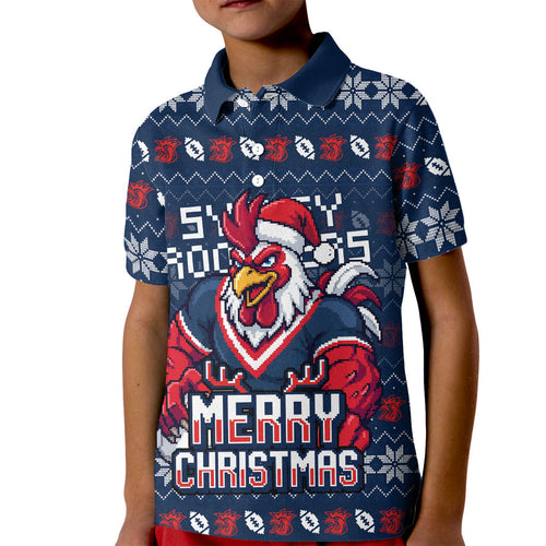 Personalized Sydney Roosters Christmas Kid Polo Shirt Australian Rugby Fans - Pixelated Ugly Xmas Pattern Mascot Santa