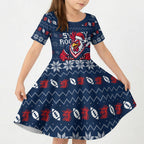 Personalized Sydney Roosters Christmas Kid Short Sleeve Dress Australian Rugby Fans - Pixelated Ugly Xmas Pattern Mascot Santa