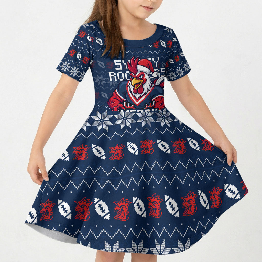 Personalized Sydney Roosters Christmas Kid Short Sleeve Dress Australian Rugby Fans - Pixelated Ugly Xmas Pattern Mascot Santa