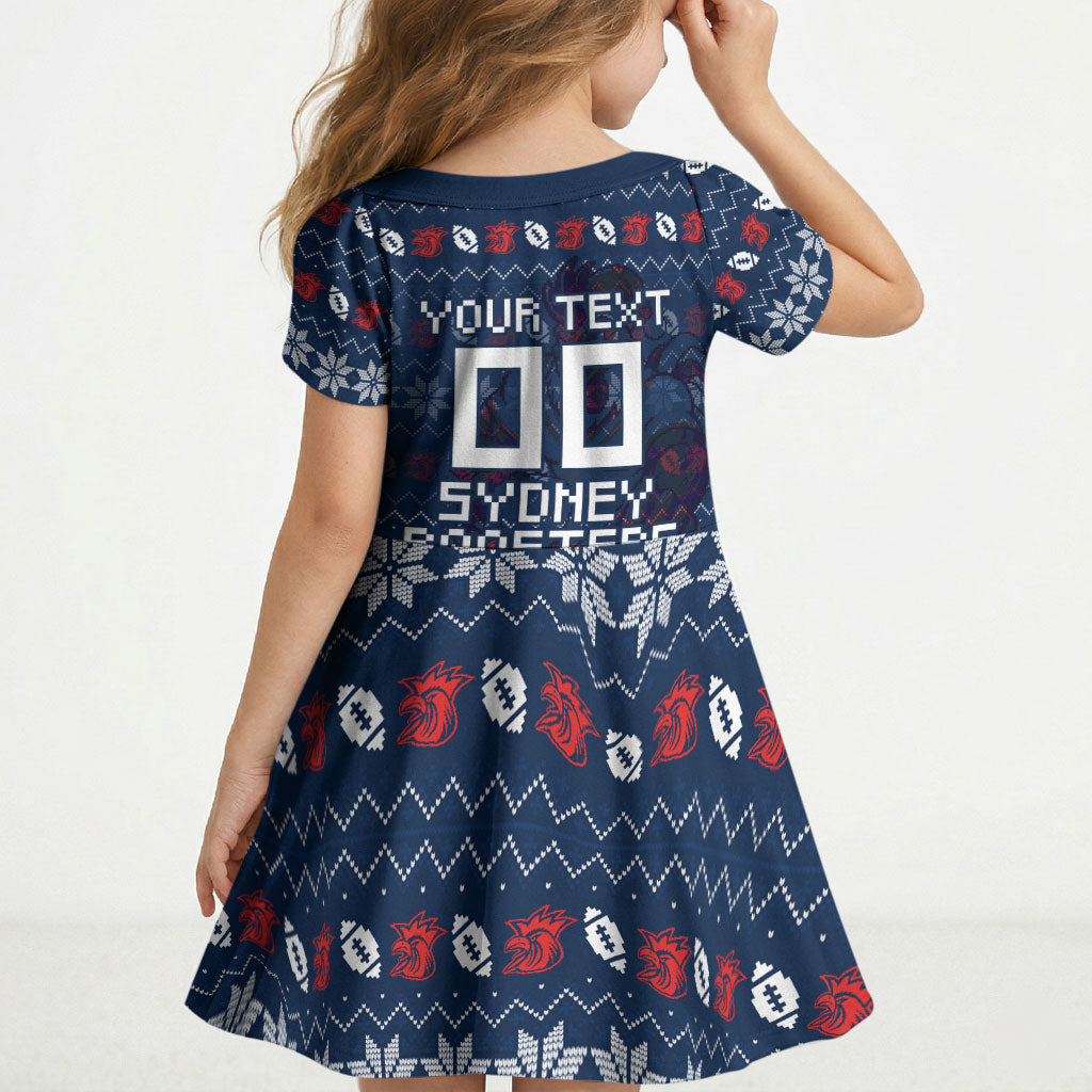 Personalized Sydney Roosters Christmas Kid Short Sleeve Dress Australian Rugby Fans - Pixelated Ugly Xmas Pattern Mascot Santa