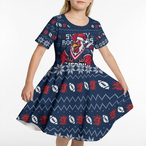Personalized Sydney Roosters Christmas Kid Short Sleeve Dress Australian Rugby Fans - Pixelated Ugly Xmas Pattern Mascot Santa