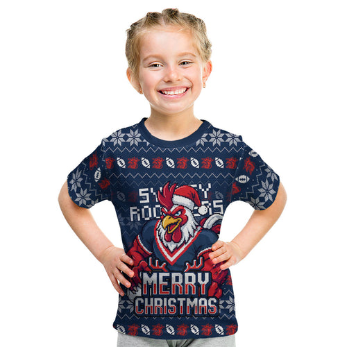 Personalized Sydney Roosters Christmas Kid T Shirt Australian Rugby Fans - Pixelated Ugly Xmas Pattern Mascot Santa
