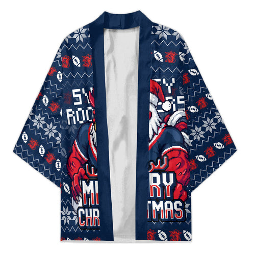 Personalized Sydney Roosters Christmas Kimono Australian Rugby Fans - Pixelated Ugly Xmas Pattern Mascot Santa