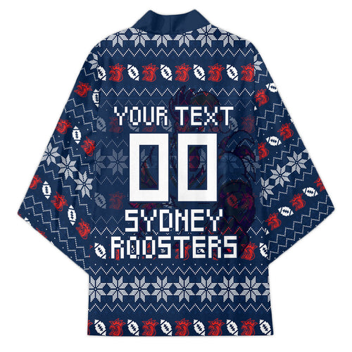 Personalized Sydney Roosters Christmas Kimono Australian Rugby Fans - Pixelated Ugly Xmas Pattern Mascot Santa