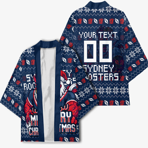 Personalized Sydney Roosters Christmas Kimono Australian Rugby Fans - Pixelated Ugly Xmas Pattern Mascot Santa
