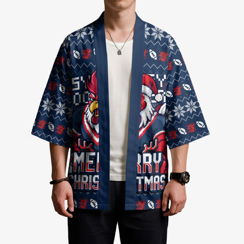 Personalized Sydney Roosters Christmas Kimono Australian Rugby Fans - Pixelated Ugly Xmas Pattern Mascot Santa