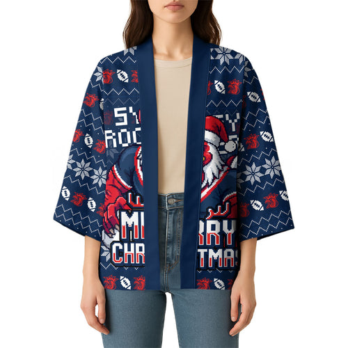 Personalized Sydney Roosters Christmas Kimono Australian Rugby Fans - Pixelated Ugly Xmas Pattern Mascot Santa