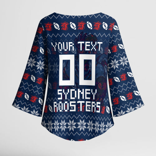Personalized Sydney Roosters Christmas Kimono Sleeve Blouse Australian Rugby Fans - Pixelated Ugly Xmas Pattern Mascot Santa
