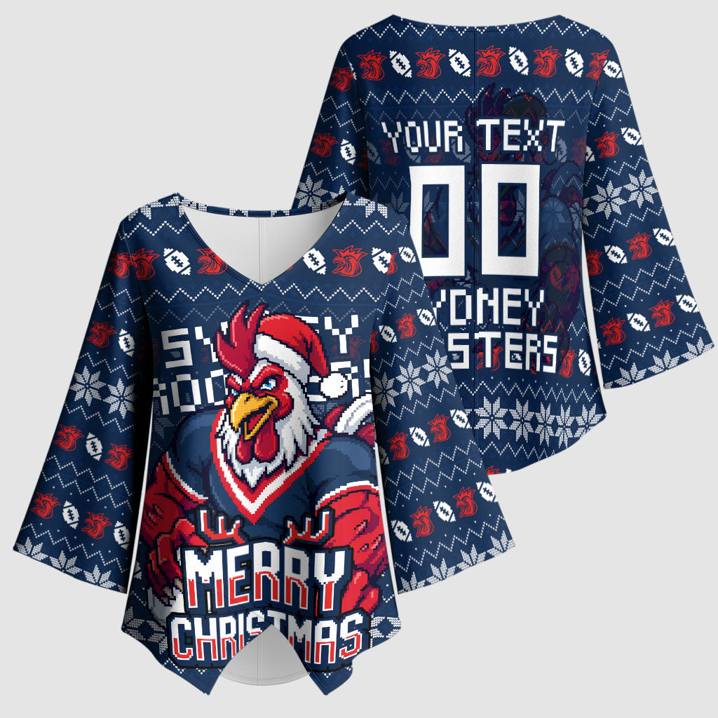 Personalized Sydney Roosters Christmas Kimono Sleeve Blouse Australian Rugby Fans - Pixelated Ugly Xmas Pattern Mascot Santa