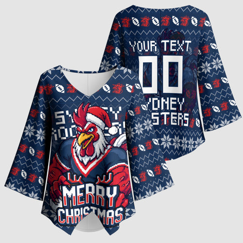 Personalized Sydney Roosters Christmas Kimono Sleeve Blouse Australian Rugby Fans - Pixelated Ugly Xmas Pattern Mascot Santa