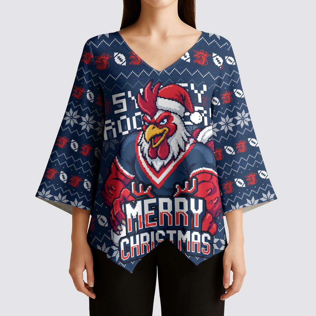 Personalized Sydney Roosters Christmas Kimono Sleeve Blouse Australian Rugby Fans - Pixelated Ugly Xmas Pattern Mascot Santa