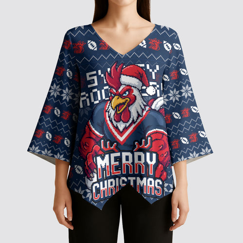 Personalized Sydney Roosters Christmas Kimono Sleeve Blouse Australian Rugby Fans - Pixelated Ugly Xmas Pattern Mascot Santa