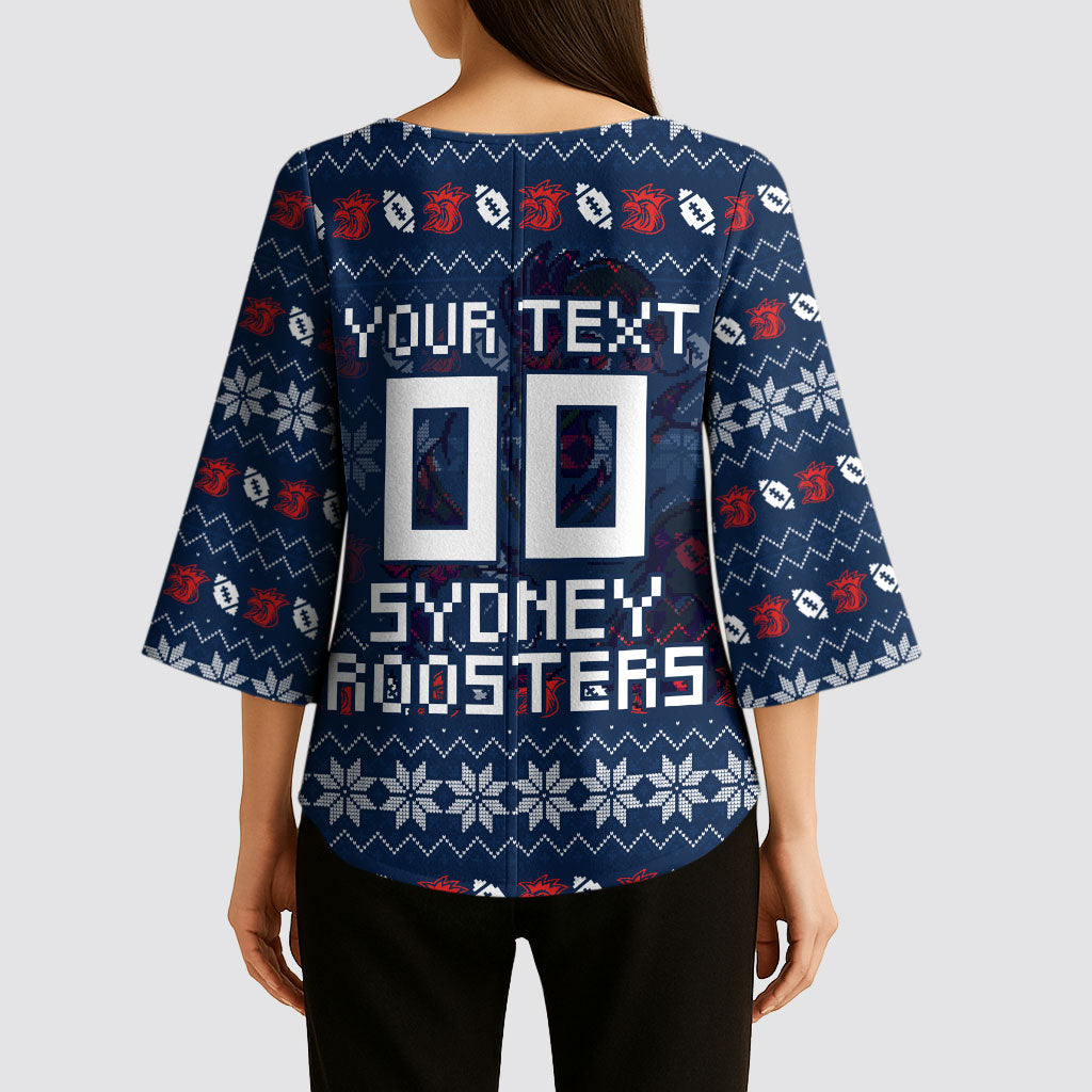Personalized Sydney Roosters Christmas Kimono Sleeve Blouse Australian Rugby Fans - Pixelated Ugly Xmas Pattern Mascot Santa