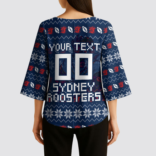 Personalized Sydney Roosters Christmas Kimono Sleeve Blouse Australian Rugby Fans - Pixelated Ugly Xmas Pattern Mascot Santa