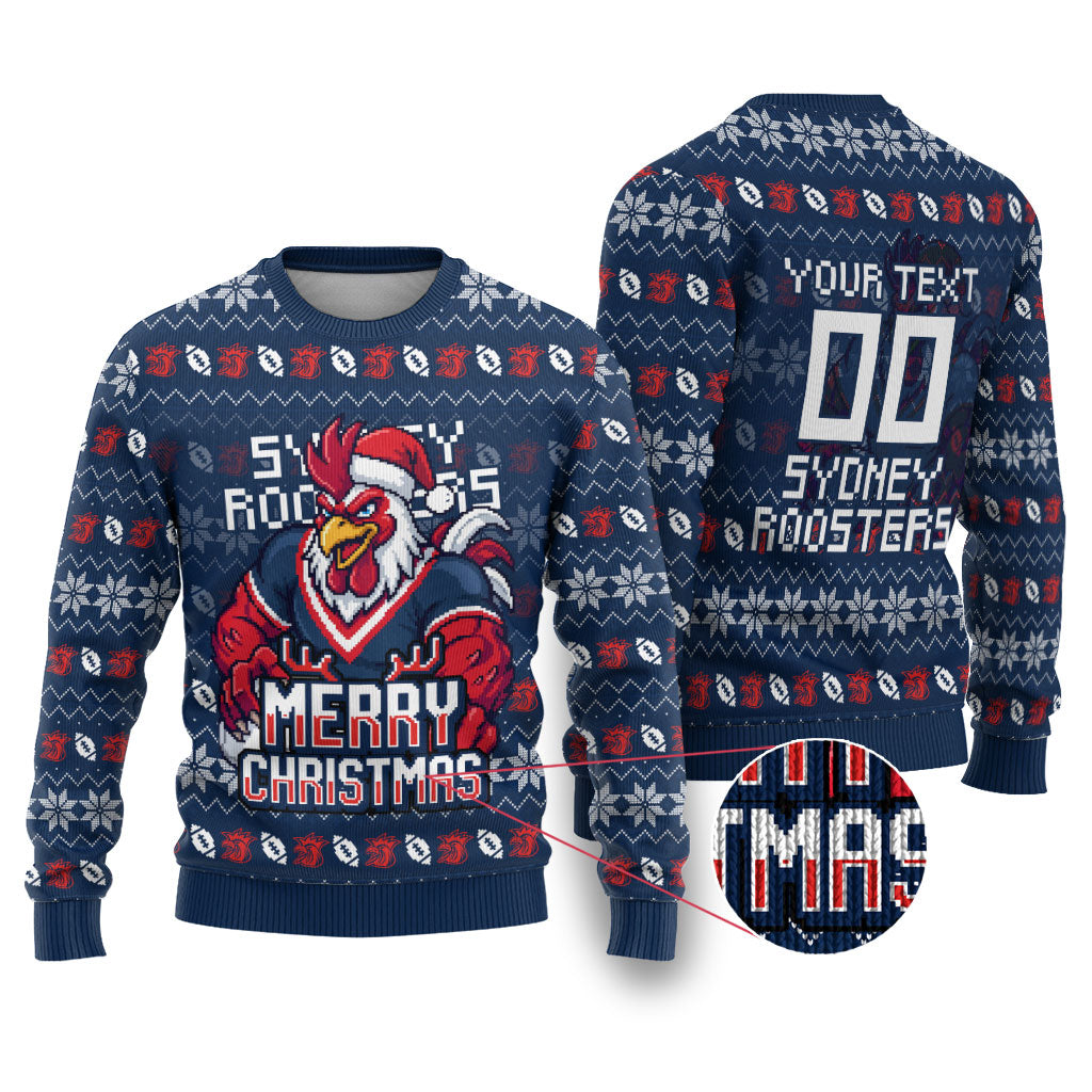 Personalized Sydney Roosters Christmas Ugly Christmas Sweater Australian Rugby Fans - Pixelated Ugly Xmas Pattern Mascot Santa