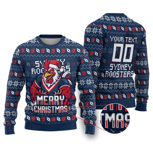 Personalized Sydney Roosters Christmas Ugly Christmas Sweater Australian Rugby Fans - Pixelated Ugly Xmas Pattern Mascot Santa