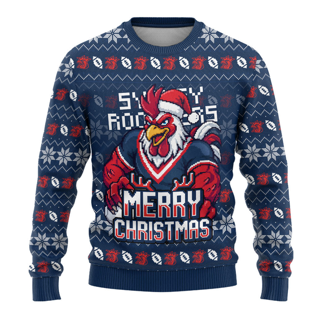 Personalized Sydney Roosters Christmas Ugly Christmas Sweater Australian Rugby Fans - Pixelated Ugly Xmas Pattern Mascot Santa