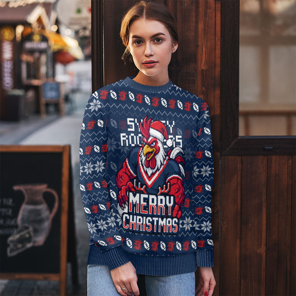 Personalized Sydney Roosters Christmas Ugly Christmas Sweater Australian Rugby Fans - Pixelated Ugly Xmas Pattern Mascot Santa