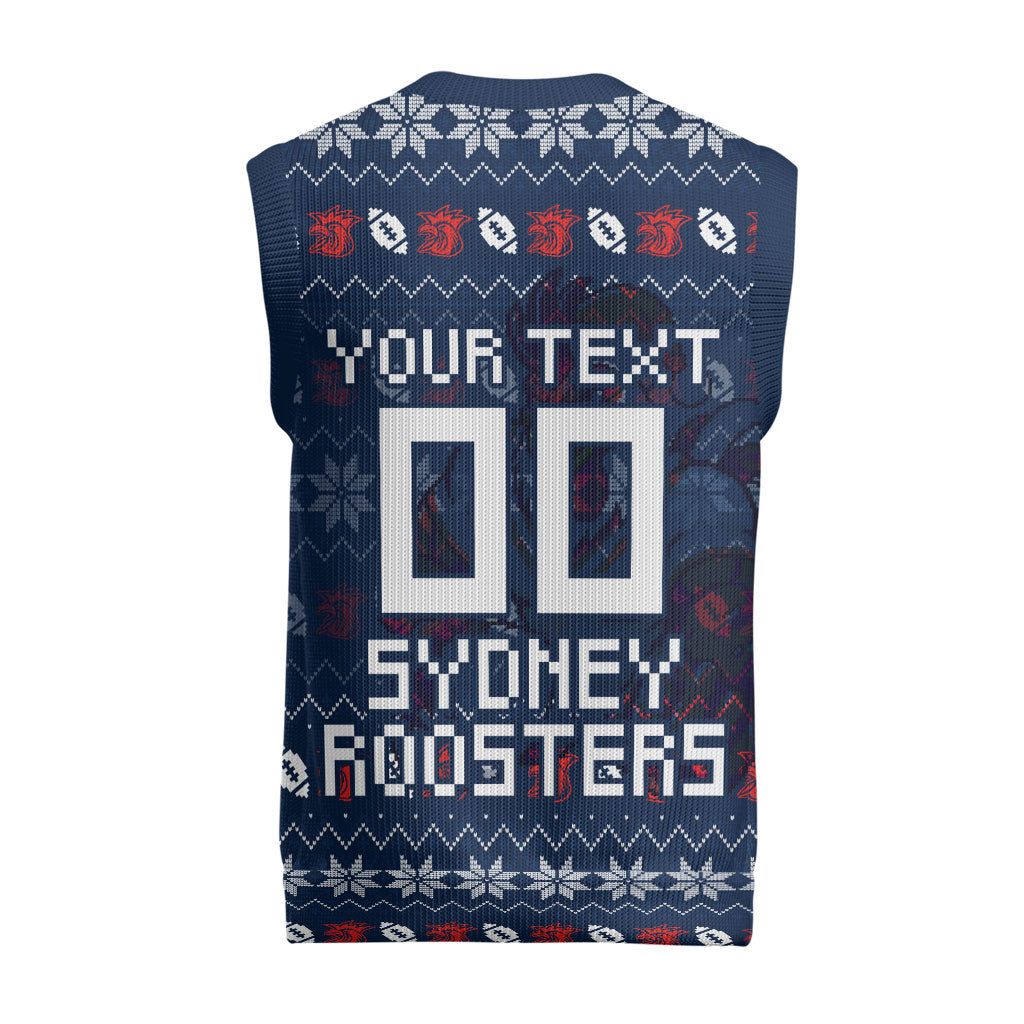 Personalized Sydney Roosters Christmas Knitted V-Neck Vest Australian Rugby Fans - Pixelated Ugly Xmas Pattern Mascot Santa