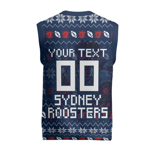 Personalized Sydney Roosters Christmas Knitted V-Neck Vest Australian Rugby Fans - Pixelated Ugly Xmas Pattern Mascot Santa