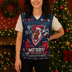 Personalized Sydney Roosters Christmas Knitted V-Neck Vest Australian Rugby Fans - Pixelated Ugly Xmas Pattern Mascot Santa