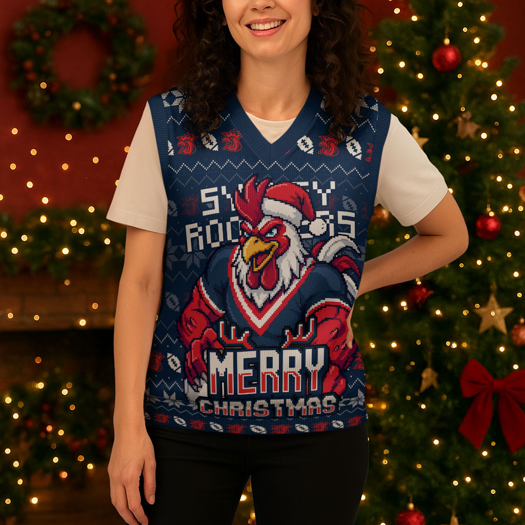 Personalized Sydney Roosters Christmas Knitted V-Neck Vest Australian Rugby Fans - Pixelated Ugly Xmas Pattern Mascot Santa