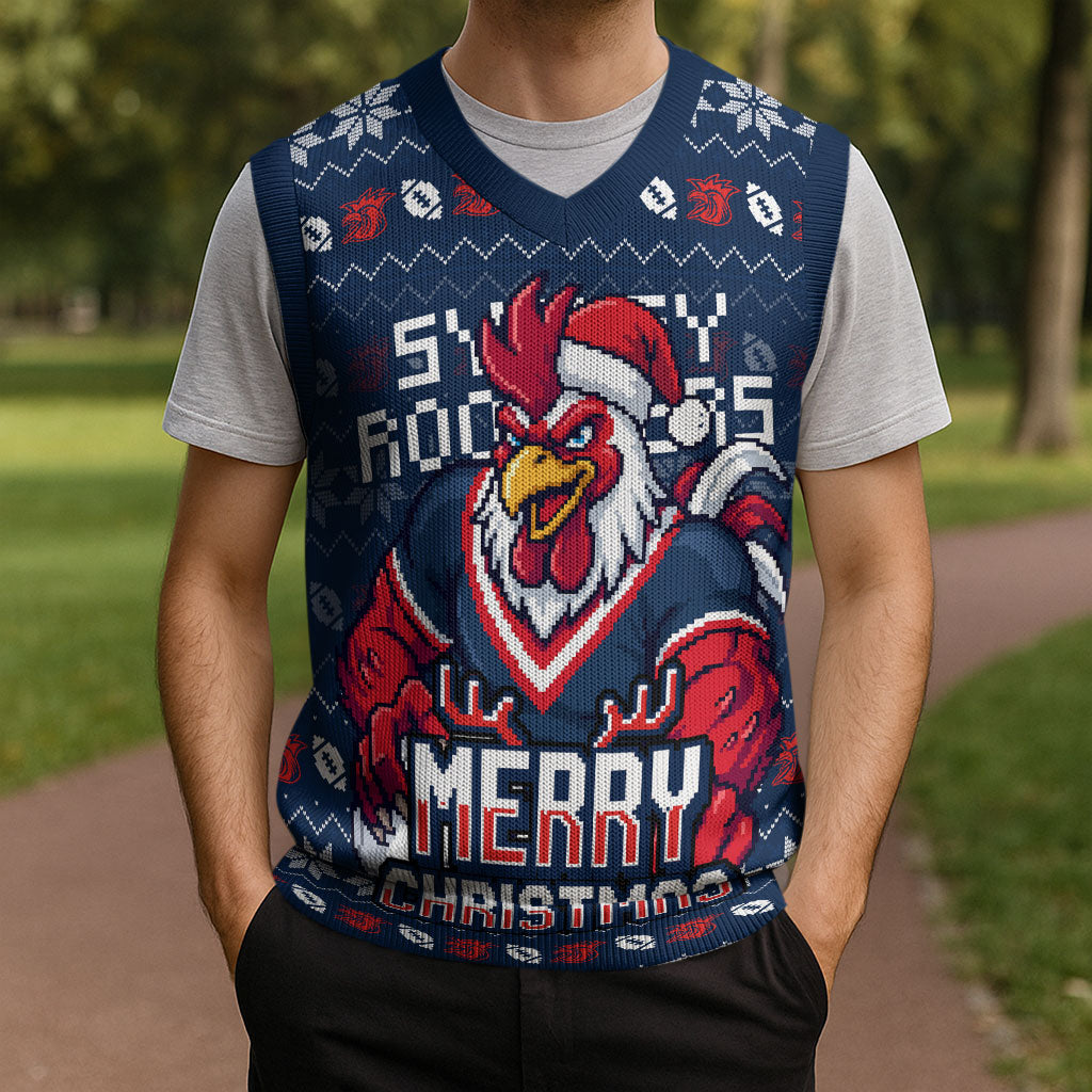 Personalized Sydney Roosters Christmas Knitted V-Neck Vest Australian Rugby Fans - Pixelated Ugly Xmas Pattern Mascot Santa