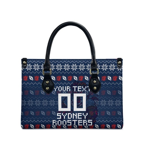 Personalized Sydney Roosters Christmas Leather Bag Australian Rugby Fans - Pixelated Ugly Xmas Pattern Mascot Santa