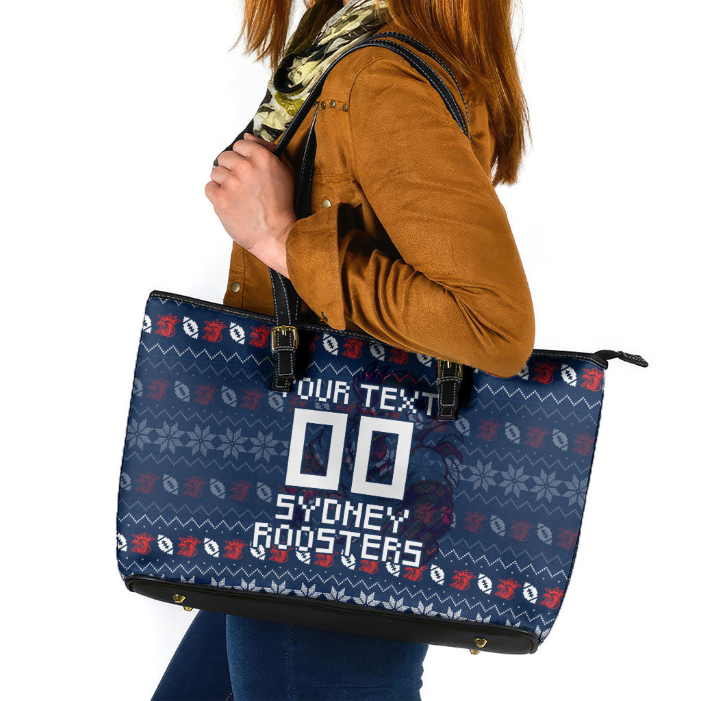 Personalized Sydney Roosters Christmas Leather Tote Bag Australian Rugby Fans - Pixelated Ugly Xmas Pattern Mascot Santa