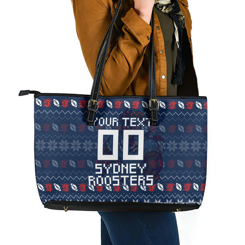 Personalized Sydney Roosters Christmas Leather Tote Bag Australian Rugby Fans - Pixelated Ugly Xmas Pattern Mascot Santa