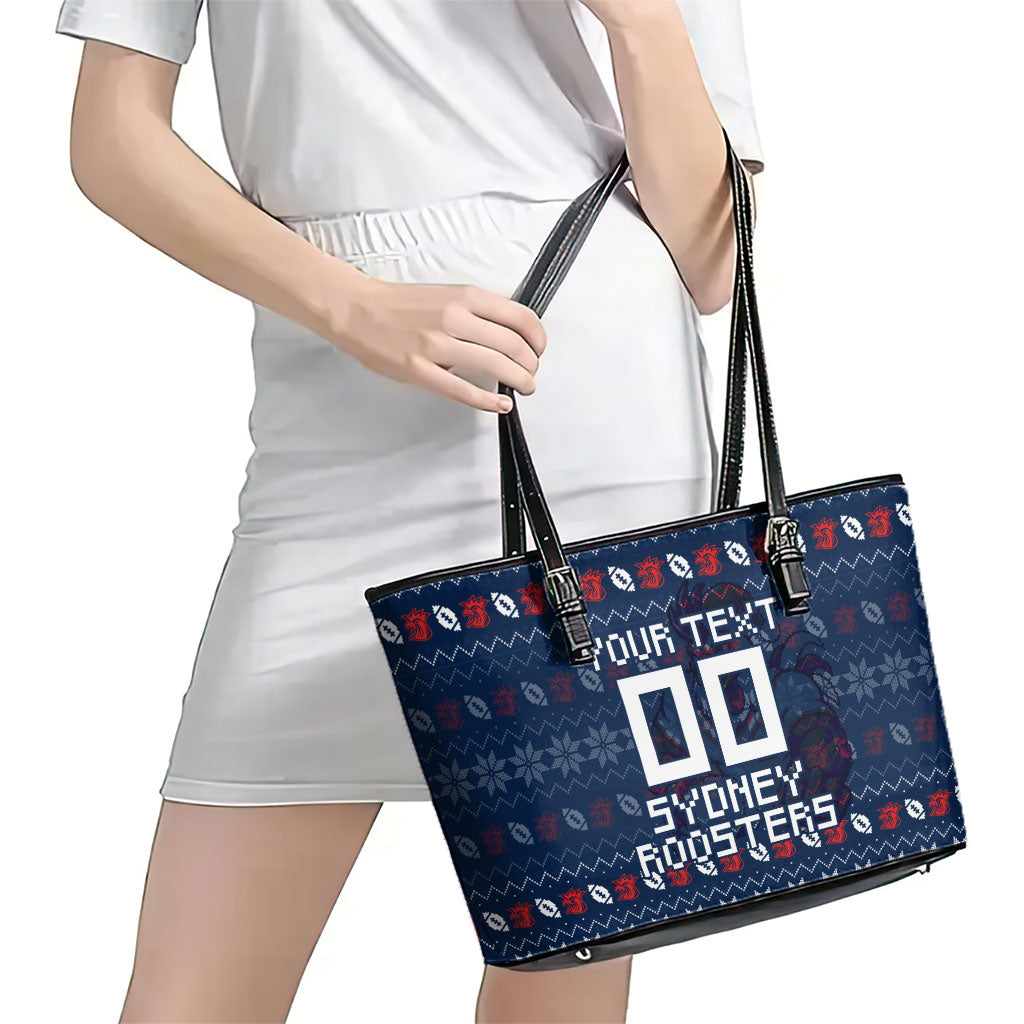Personalized Sydney Roosters Christmas Leather Tote Bag Australian Rugby Fans - Pixelated Ugly Xmas Pattern Mascot Santa