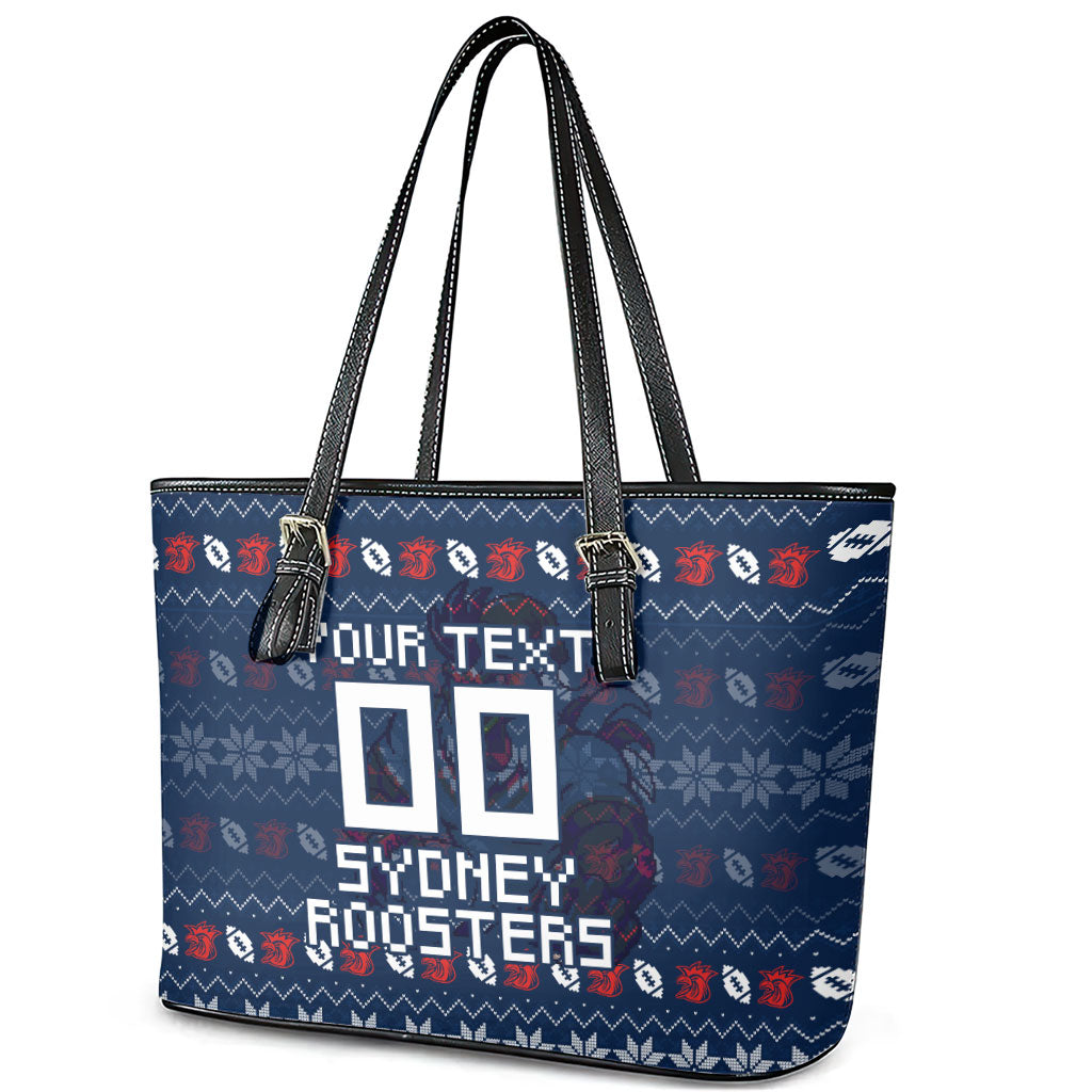 Personalized Sydney Roosters Christmas Leather Tote Bag Australian Rugby Fans - Pixelated Ugly Xmas Pattern Mascot Santa