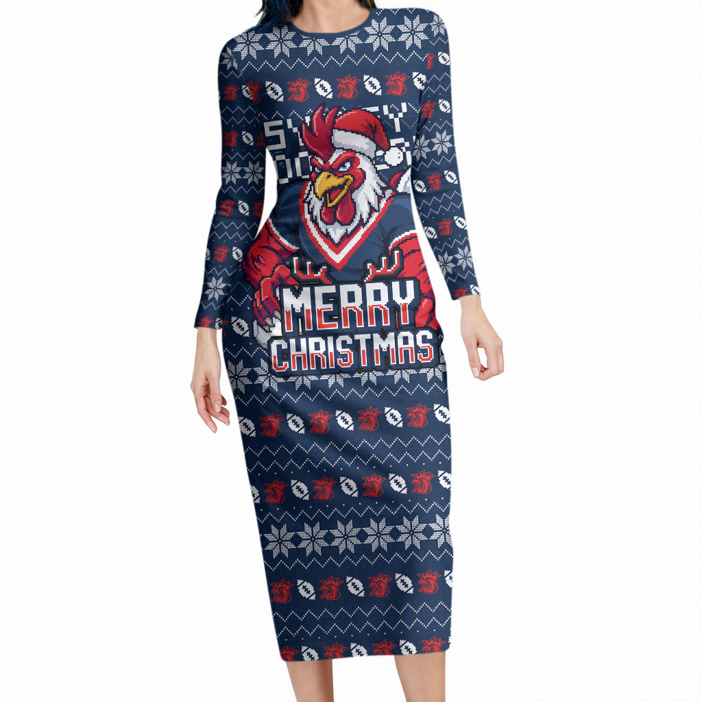 Personalized Sydney Roosters Christmas Long Sleeve Bodycon Dress Australian Rugby Fans - Pixelated Ugly Xmas Pattern Mascot Santa