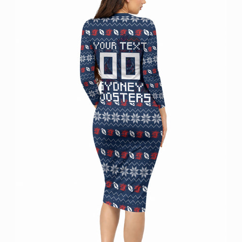 Personalized Sydney Roosters Christmas Long Sleeve Bodycon Dress Australian Rugby Fans - Pixelated Ugly Xmas Pattern Mascot Santa