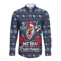 Personalized Sydney Roosters Christmas Long Sleeve Button Shirt Australian Rugby Fans - Pixelated Ugly Xmas Pattern Mascot Santa