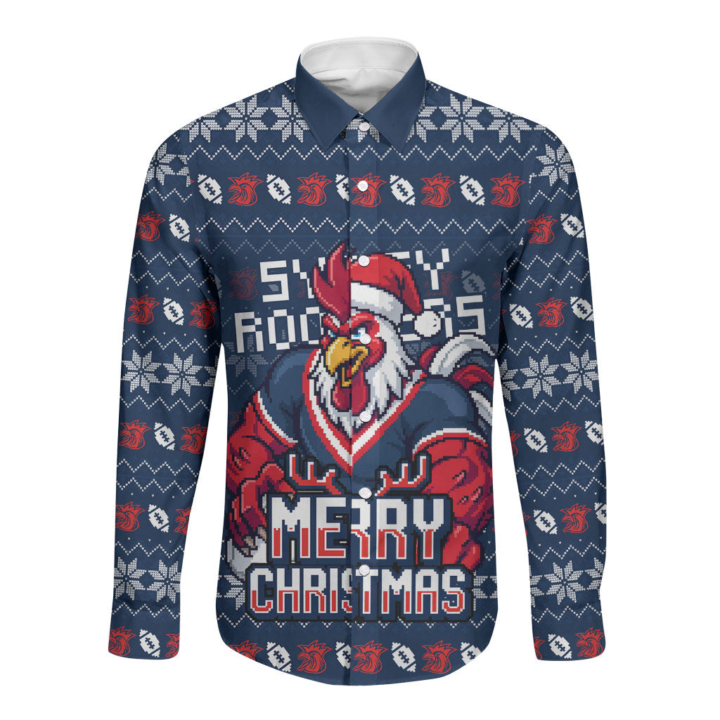 Personalized Sydney Roosters Christmas Long Sleeve Button Shirt Australian Rugby Fans - Pixelated Ugly Xmas Pattern Mascot Santa