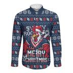 Personalized Sydney Roosters Christmas Long Sleeve Button Shirt Australian Rugby Fans - Pixelated Ugly Xmas Pattern Mascot Santa