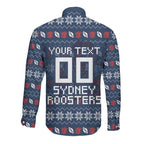 Personalized Sydney Roosters Christmas Long Sleeve Button Shirt Australian Rugby Fans - Pixelated Ugly Xmas Pattern Mascot Santa