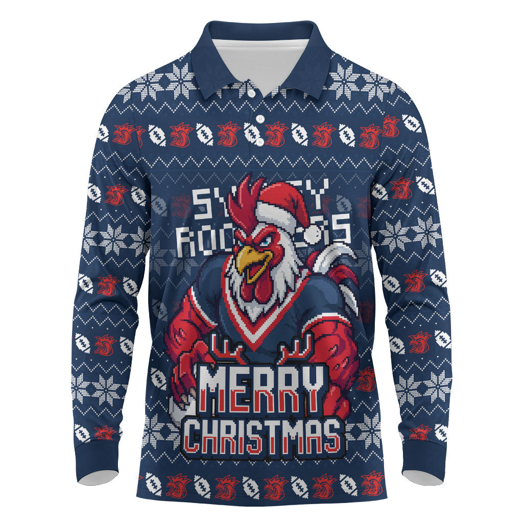 Personalized Sydney Roosters Christmas Long Sleeve Polo Shirt Australian Rugby Fans - Pixelated Ugly Xmas Pattern Mascot Santa