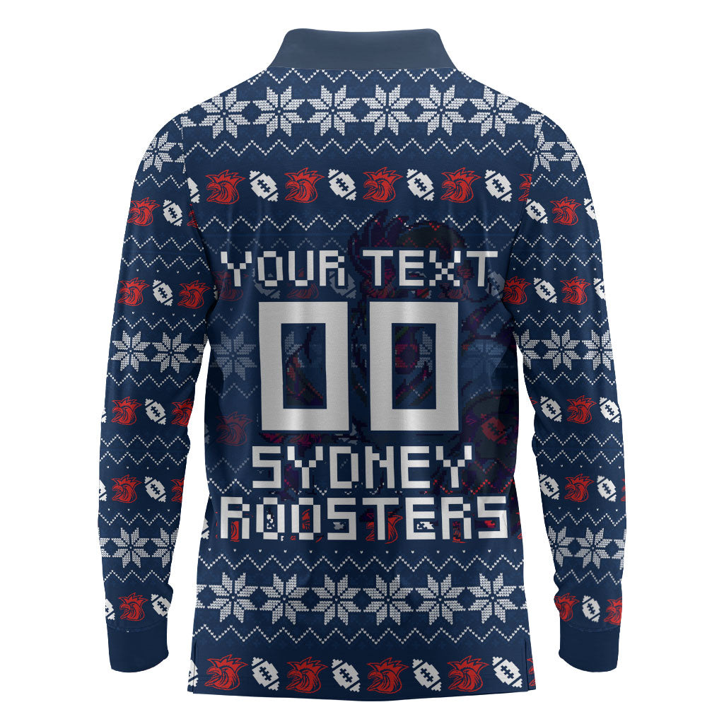 Personalized Sydney Roosters Christmas Long Sleeve Polo Shirt Australian Rugby Fans - Pixelated Ugly Xmas Pattern Mascot Santa