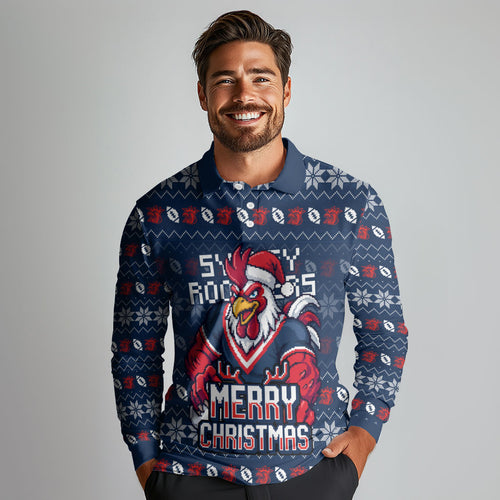 Personalized Sydney Roosters Christmas Long Sleeve Polo Shirt Australian Rugby Fans - Pixelated Ugly Xmas Pattern Mascot Santa