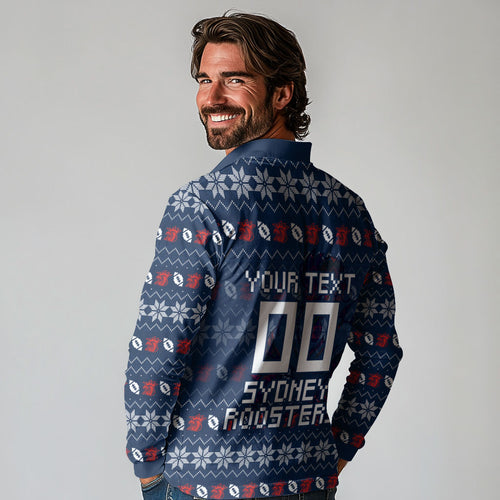 Personalized Sydney Roosters Christmas Long Sleeve Polo Shirt Australian Rugby Fans - Pixelated Ugly Xmas Pattern Mascot Santa