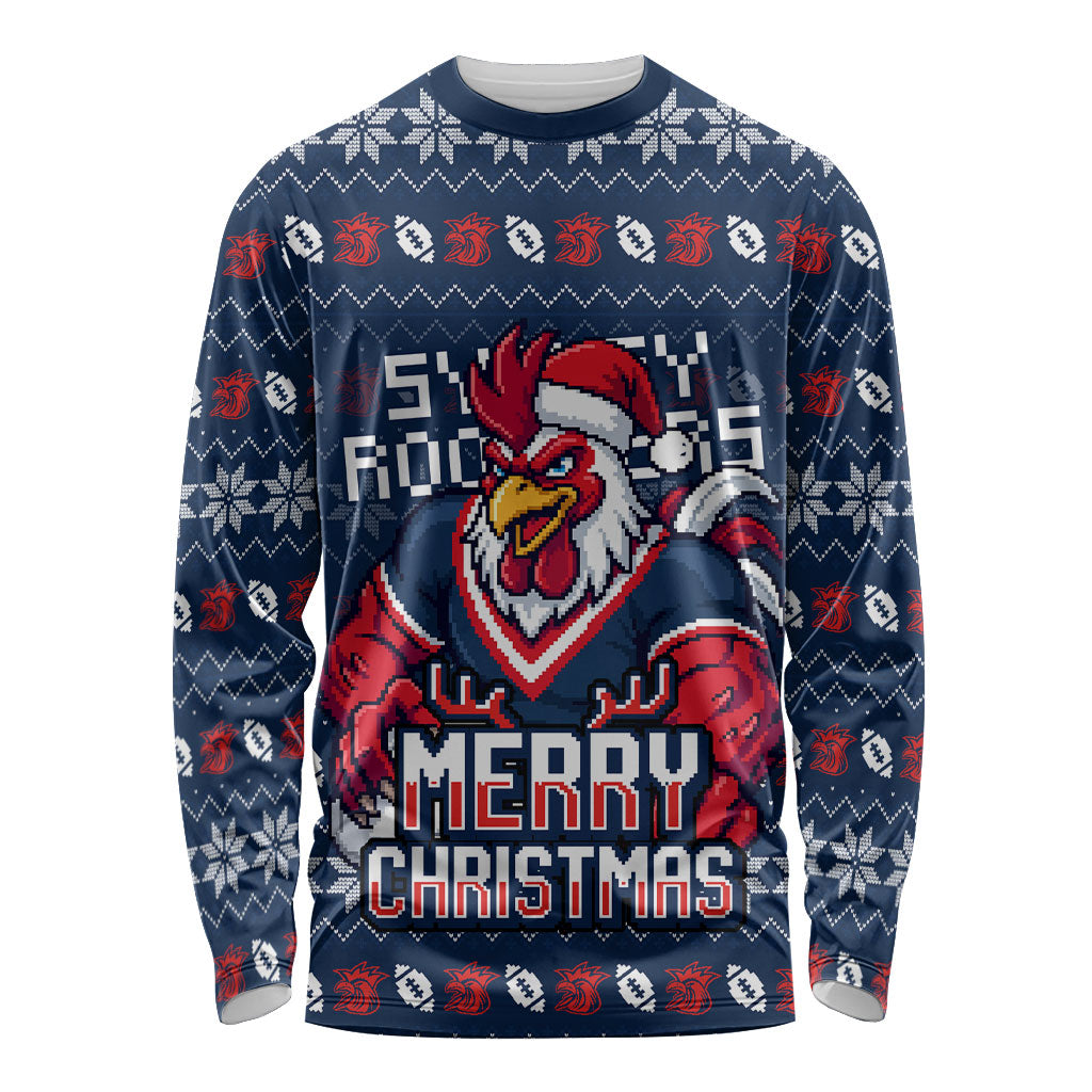 Personalized Sydney Roosters Christmas Long Sleeve Shirt Australian Rugby Fans - Pixelated Ugly Xmas Pattern Mascot Santa