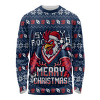 Personalized Sydney Roosters Christmas Long Sleeve Shirt Australian Rugby Fans - Pixelated Ugly Xmas Pattern Mascot Santa