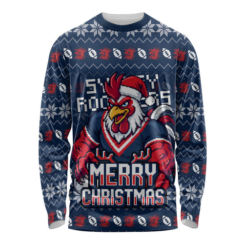 Personalized Sydney Roosters Christmas Long Sleeve Shirt Australian Rugby Fans - Pixelated Ugly Xmas Pattern Mascot Santa