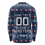 Personalized Sydney Roosters Christmas Long Sleeve Shirt Australian Rugby Fans - Pixelated Ugly Xmas Pattern Mascot Santa