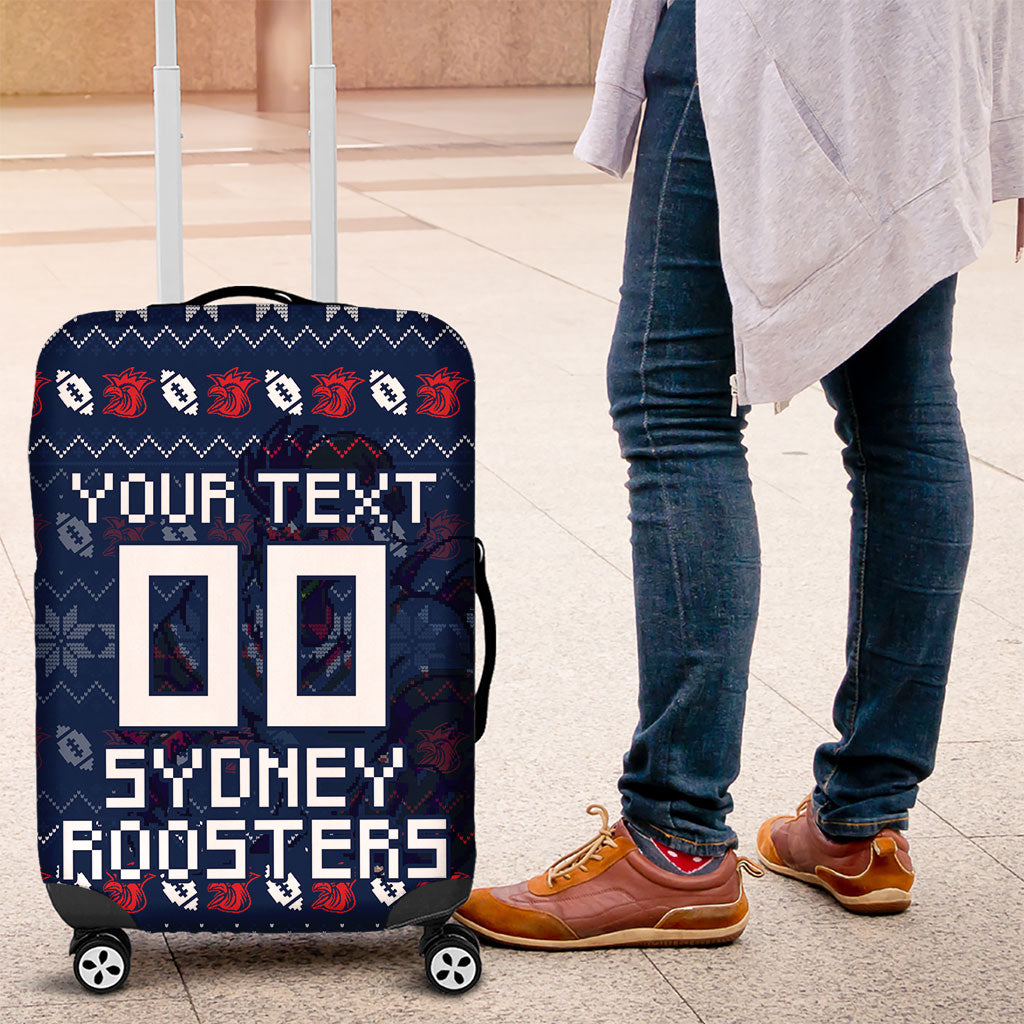 Personalized Sydney Roosters Christmas Luggage Cover Australian Rugby Fans - Pixelated Ugly Xmas Pattern Mascot Santa