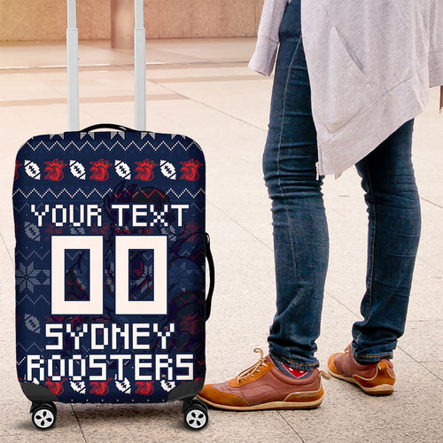 Personalized Sydney Roosters Christmas Luggage Cover Australian Rugby Fans - Pixelated Ugly Xmas Pattern Mascot Santa