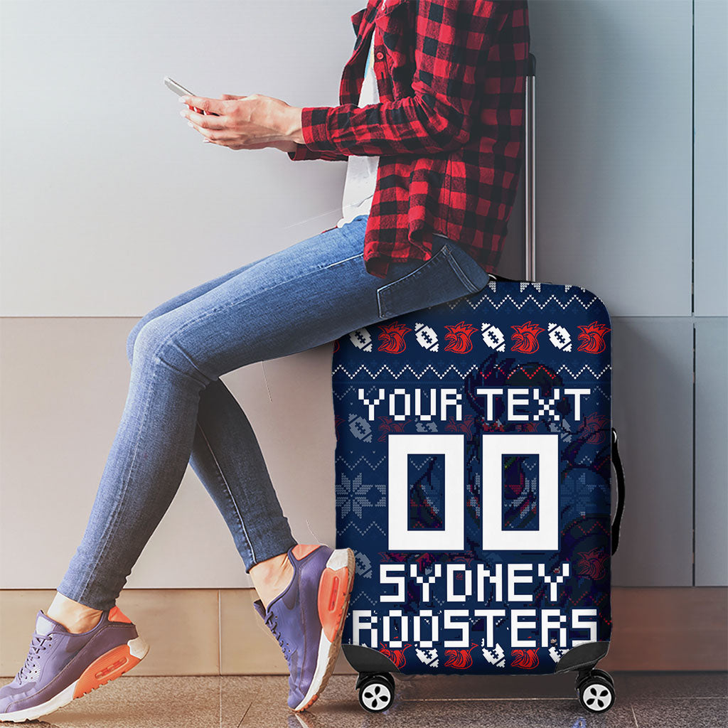 Personalized Sydney Roosters Christmas Luggage Cover Australian Rugby Fans - Pixelated Ugly Xmas Pattern Mascot Santa