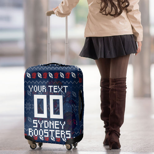 Personalized Sydney Roosters Christmas Luggage Cover Australian Rugby Fans - Pixelated Ugly Xmas Pattern Mascot Santa
